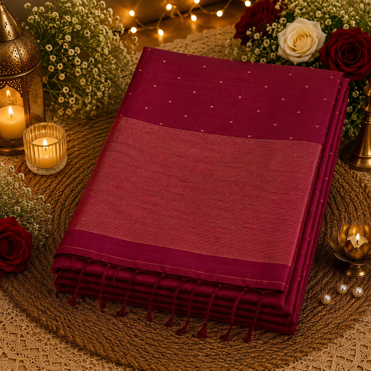 Deep Maroon Handloom Pure Cotton Jamdani Saree with Buti Weaving and Striped Woven Pallu