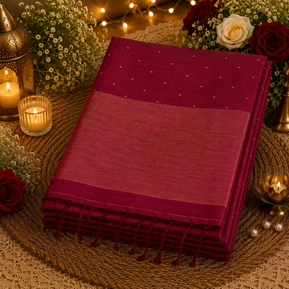 Deep Maroon Handloom Pure Cotton Jamdani Saree with Buti Weaving and Striped Woven Pallu