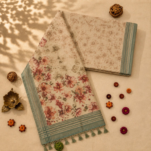 Beige Linen Digital Print Saree with Vintage Floral Print and Sage Green Striped Border