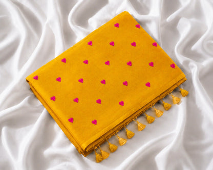 Mustard Yellow Mul Cotton Embroidery Saree with Pink Heart Motifs & Tassel Pallu