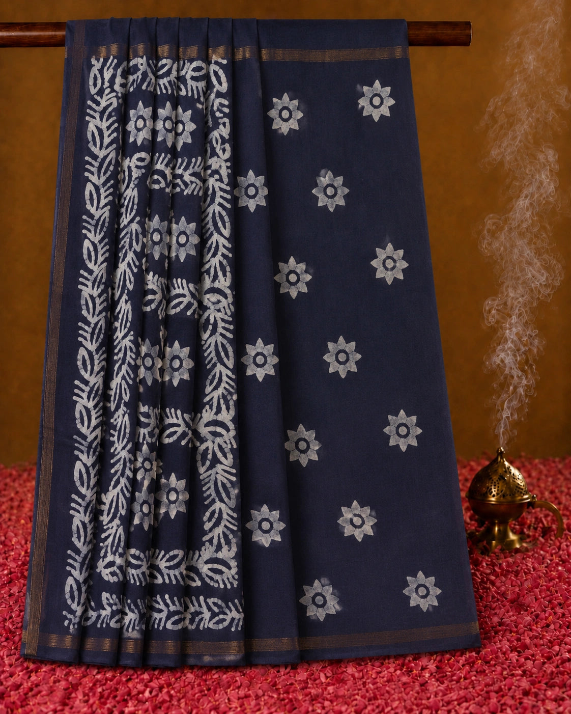 Navy Blue Bagru Print Silk Saree with White Floral Motifs and Traditional Border