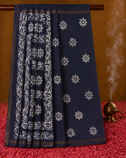 Navy Blue Bagru Print Silk Saree with White Floral Motifs and Traditional Border