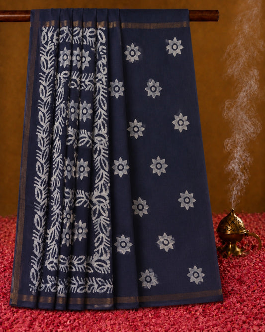 Navy Blue Bagru Print Silk Saree with White Floral Motifs and Traditional Border
