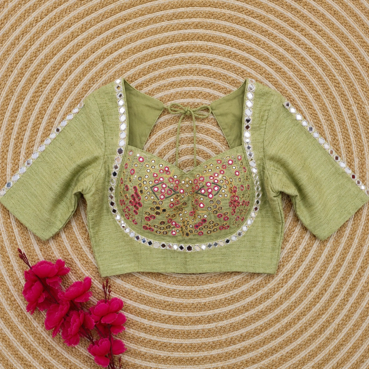 Olive Green Pure Cotton Hand Work Mirror Embroidered Blouse with Glass Work Half Sleeves
