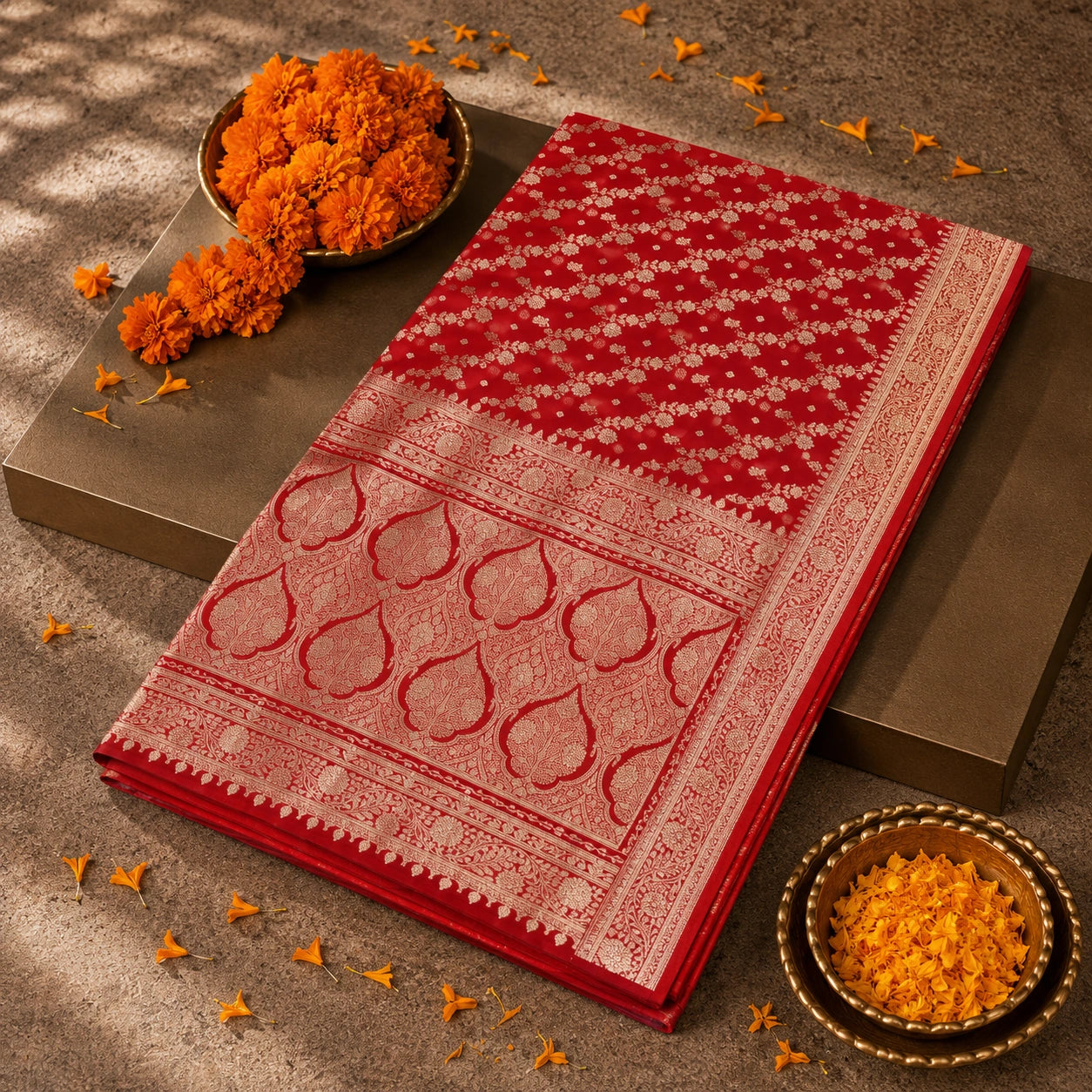 Red Pure Katan Banarasi Saree with Gold Zari Floral Buti and Traditional Paisley Pallu