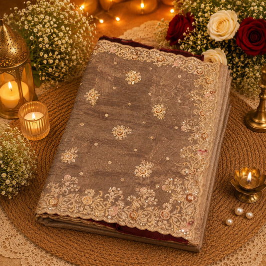 Taupe Pure Crush Tissue Saree with Sequin Floral Embroidered Border for Wedding & Festive Wear