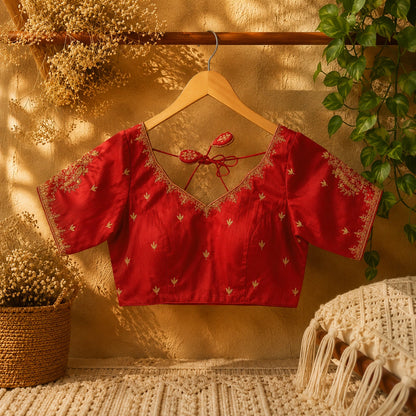 Maroon Raw Silk Bridal Ari Work Embroidered Blouse for Women V-Neck Festive Ethnic Wear