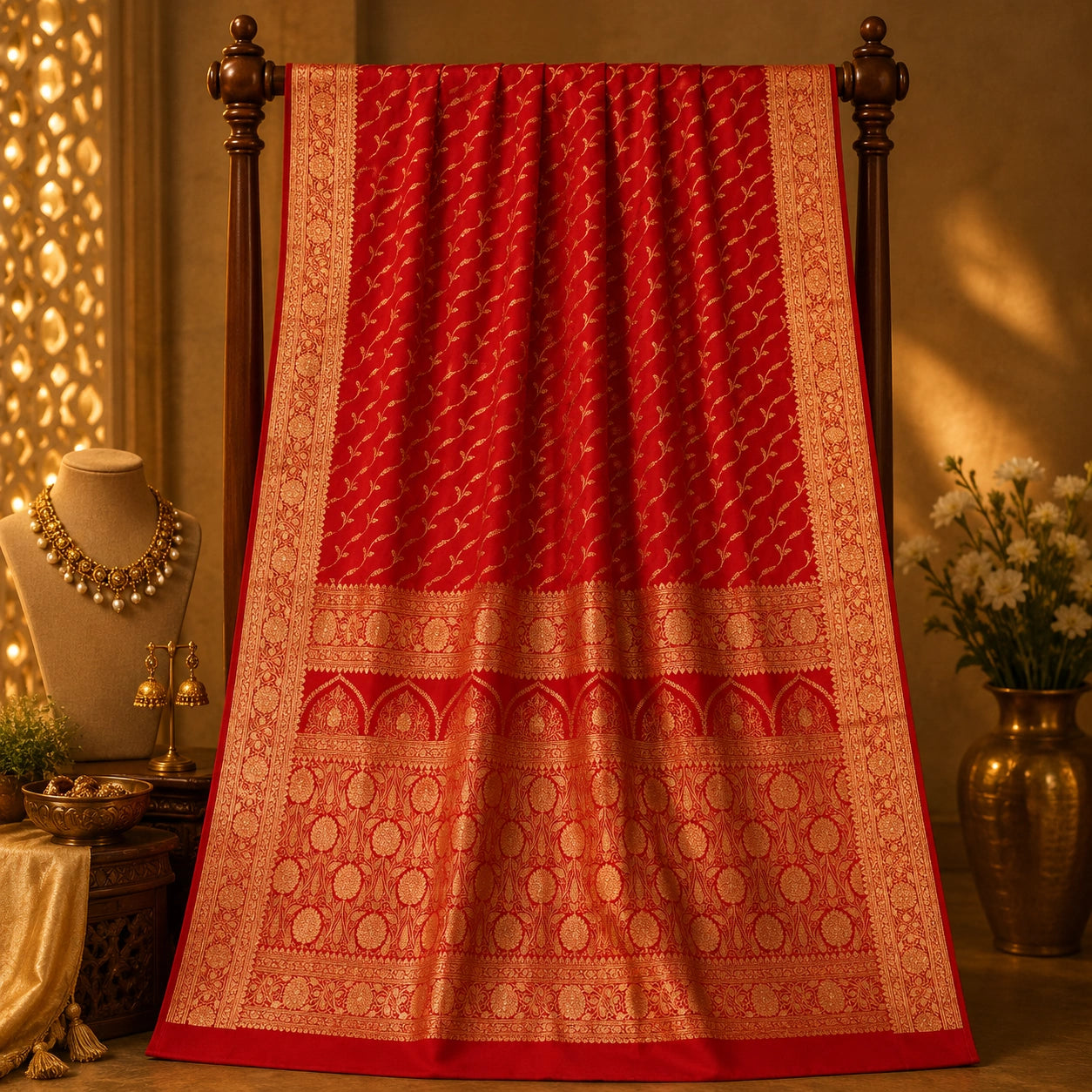 Red Pure Katan Banarasi Saree with Gold Zari Floral Vine Weaving & Ornate Traditional Border