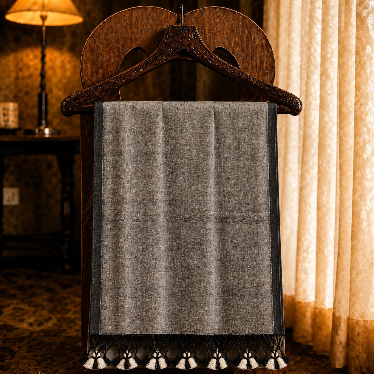 Charcoal Grey Plain Khadi Saree with Black Border and Handcrafted Tassel Pallu