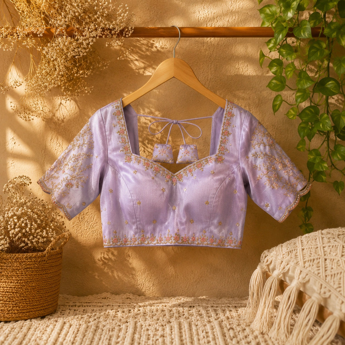 Lavender Tissue Ari Work Glass Sleeve Embroidered Blouse for Women Sweetheart Neck Ethnic Party Wear