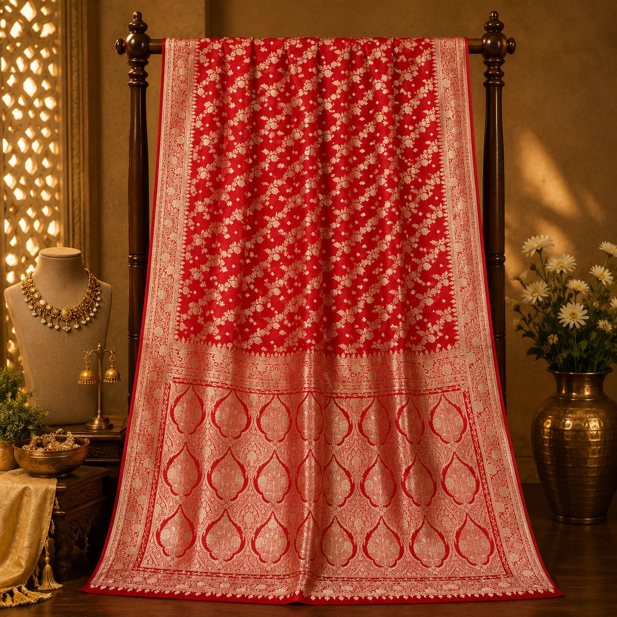 Red Pure Katan Banarasi Saree with Gold Zari Floral Buti and Traditional Paisley Pallu