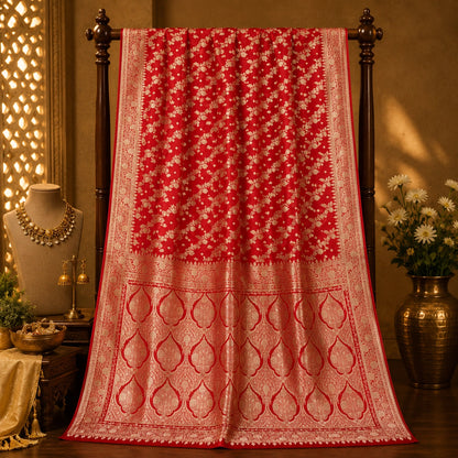 Red Pure Katan Banarasi Saree with Gold Zari Floral Buti and Traditional Paisley Pallu