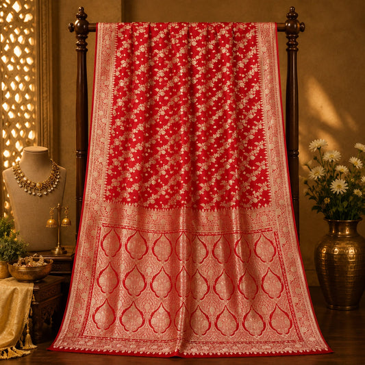 Red Pure Katan Banarasi Saree with Gold Zari Floral Buti and Traditional Paisley Pallu