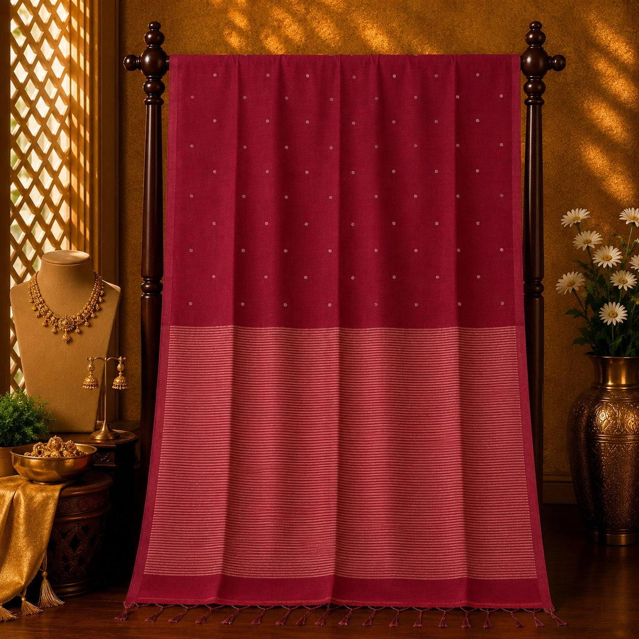 Deep Maroon Handloom Pure Cotton Jamdani Saree with Buti Weaving and Striped Woven Pallu