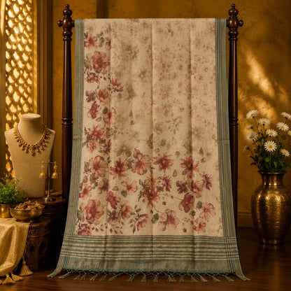 Beige Linen Digital Print Saree with Vintage Floral Print and Sage Green Striped Border