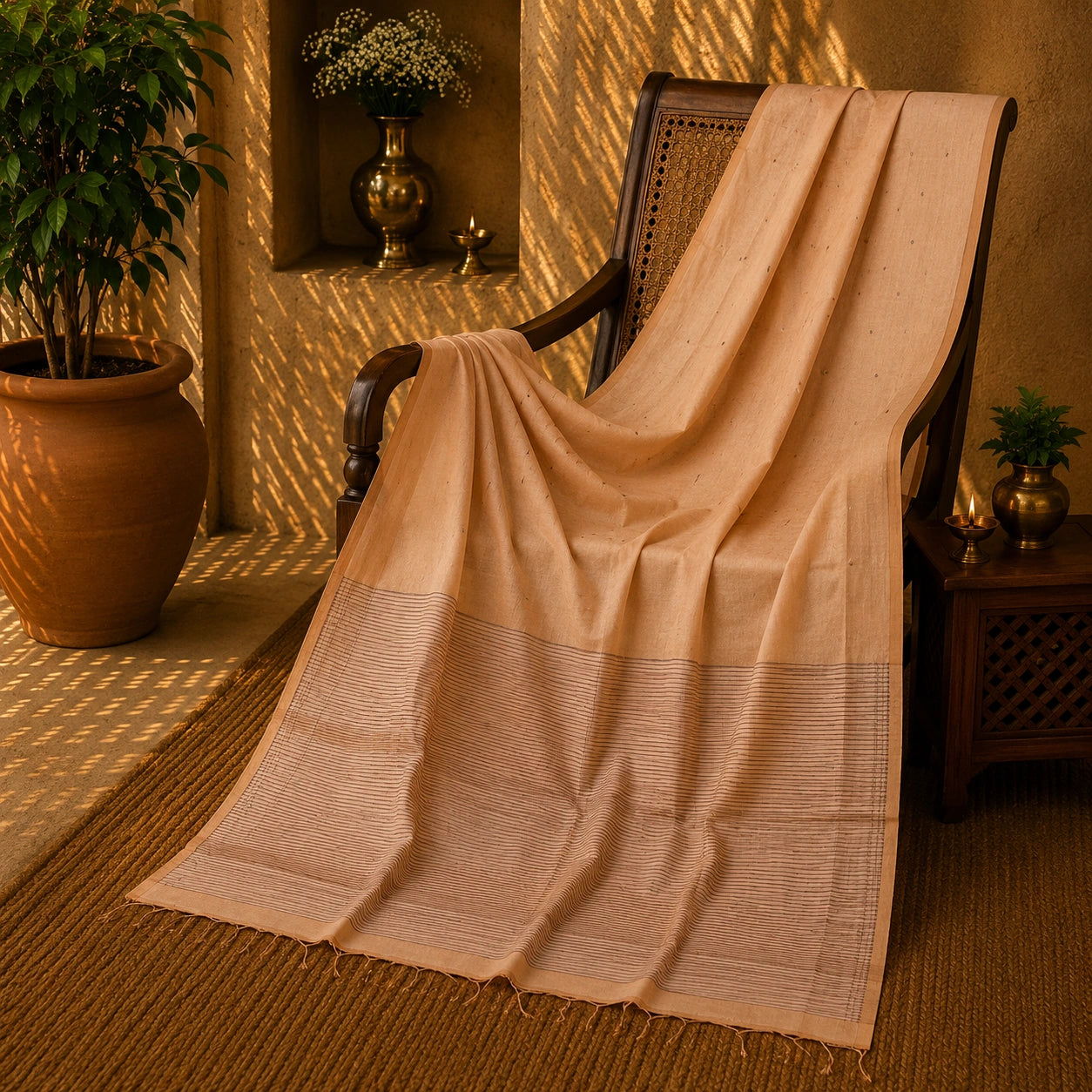Cream Handloom Pure Cotton Jamdani Saree with Minimal Buti Weaving & Striped Pallu