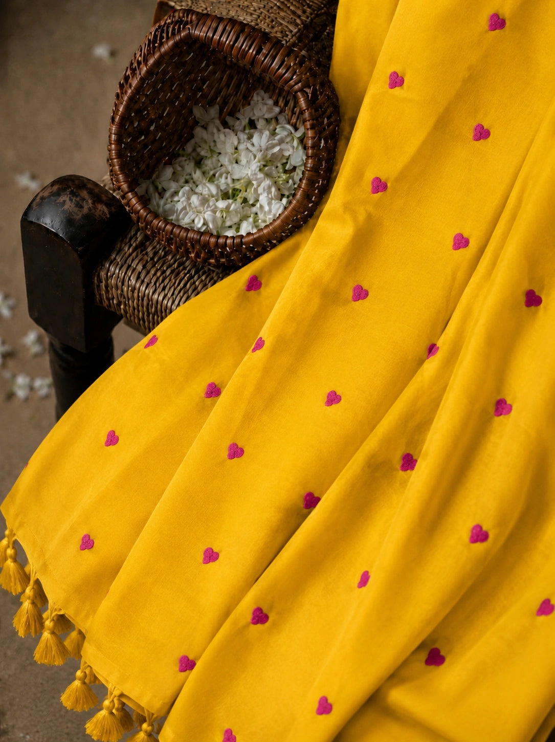 Mustard Yellow Mul Cotton Embroidery Saree with Pink Heart Motifs & Tassel Pallu