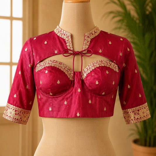 Magenta Katanz Banarasi Bralette Blouse with Jacket Style Yoke & Zari Woven Motifs
