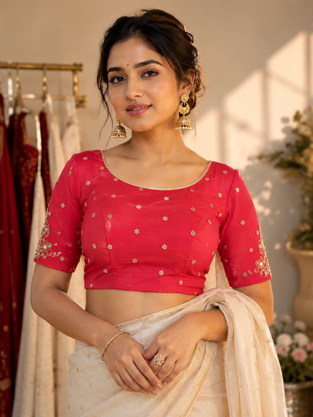 Red Raw Silk Bridal Ari Work Blouse with Gold Floral Buti Embroidery