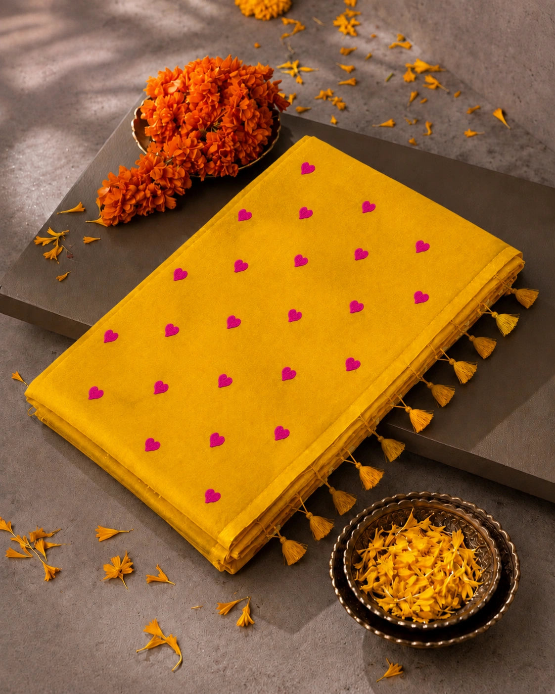 Mustard Yellow Mul Cotton Embroidery Saree with Pink Heart Motifs & Tassel Pallu