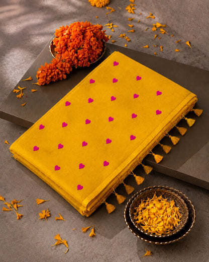 Mustard Yellow Mul Cotton Embroidery Saree with Pink Heart Motifs & Tassel Pallu