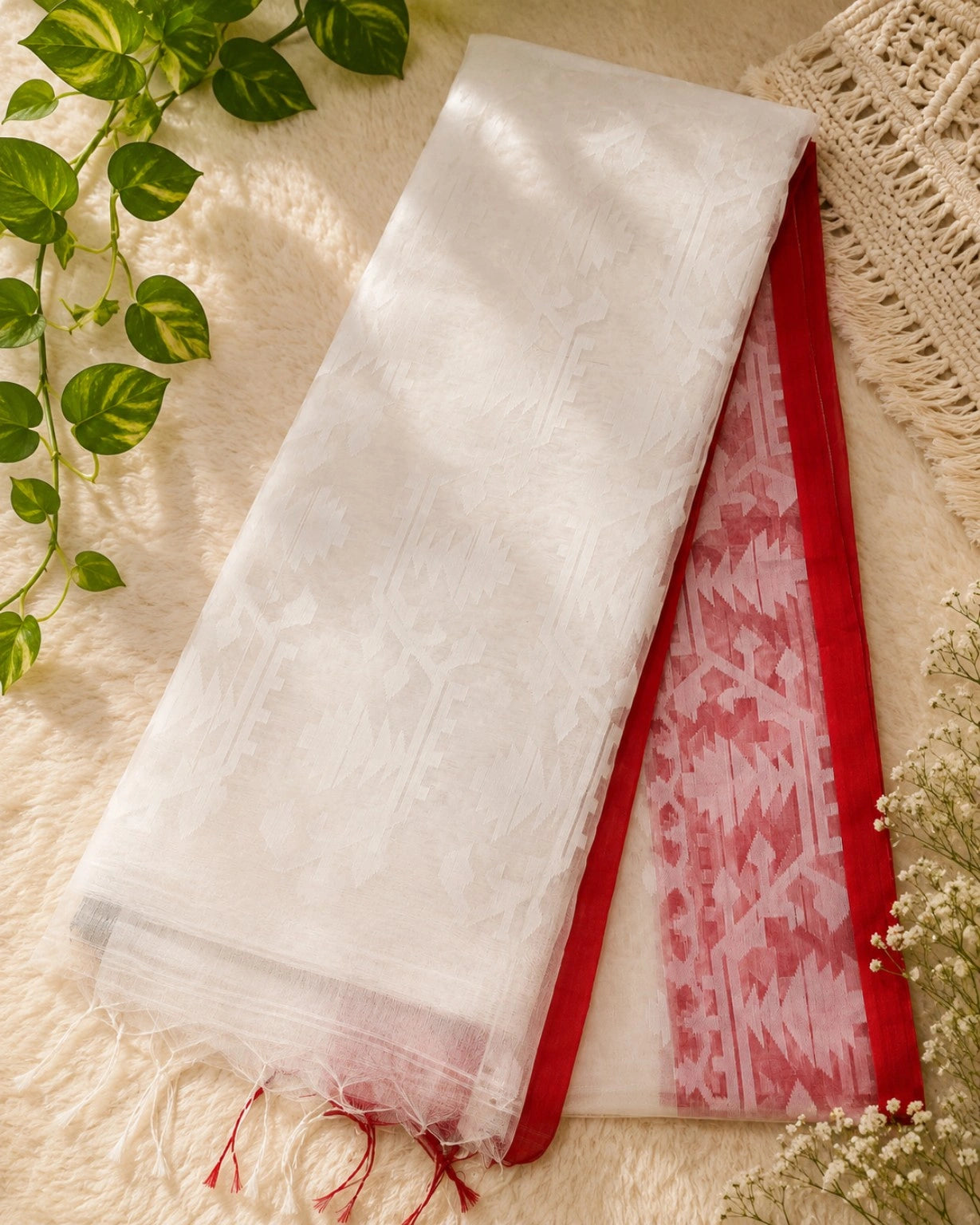 White Muslin Saree with Red Jamdani Inspired Woven Border & Buti Design