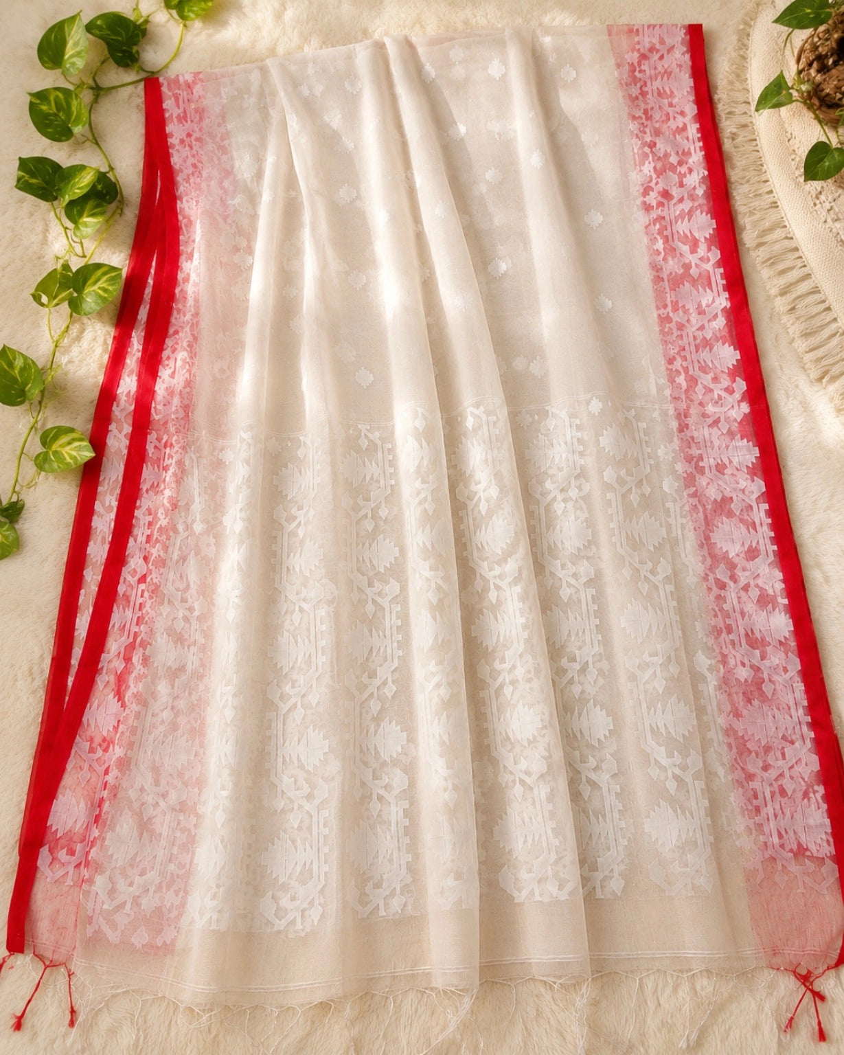 White Muslin Saree with Red Jamdani Inspired Woven Border & Buti Design