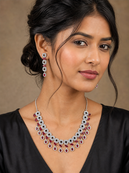 Elegant American Diamond Necklace Set with Ruby Red Stones model photoshoot