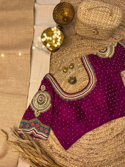 Artisan Deep Purple Bridal Blouse with Beaded Detailing - WEVOW