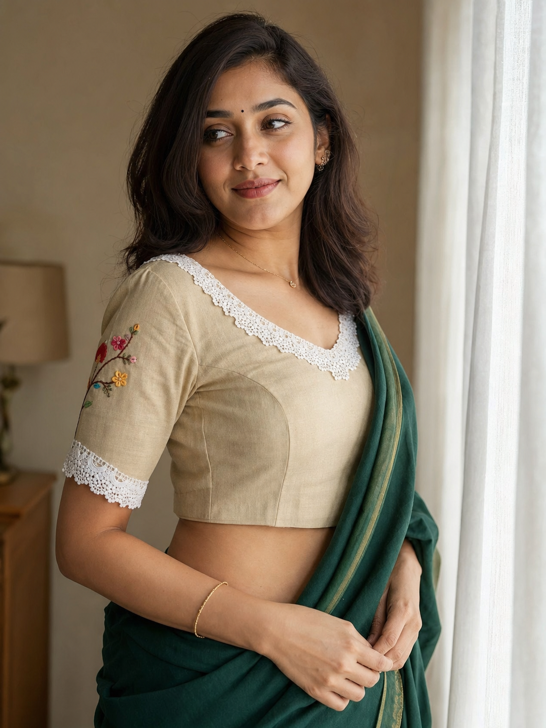 Pure Cotton Beige Floral Thread Work Blouse for Women