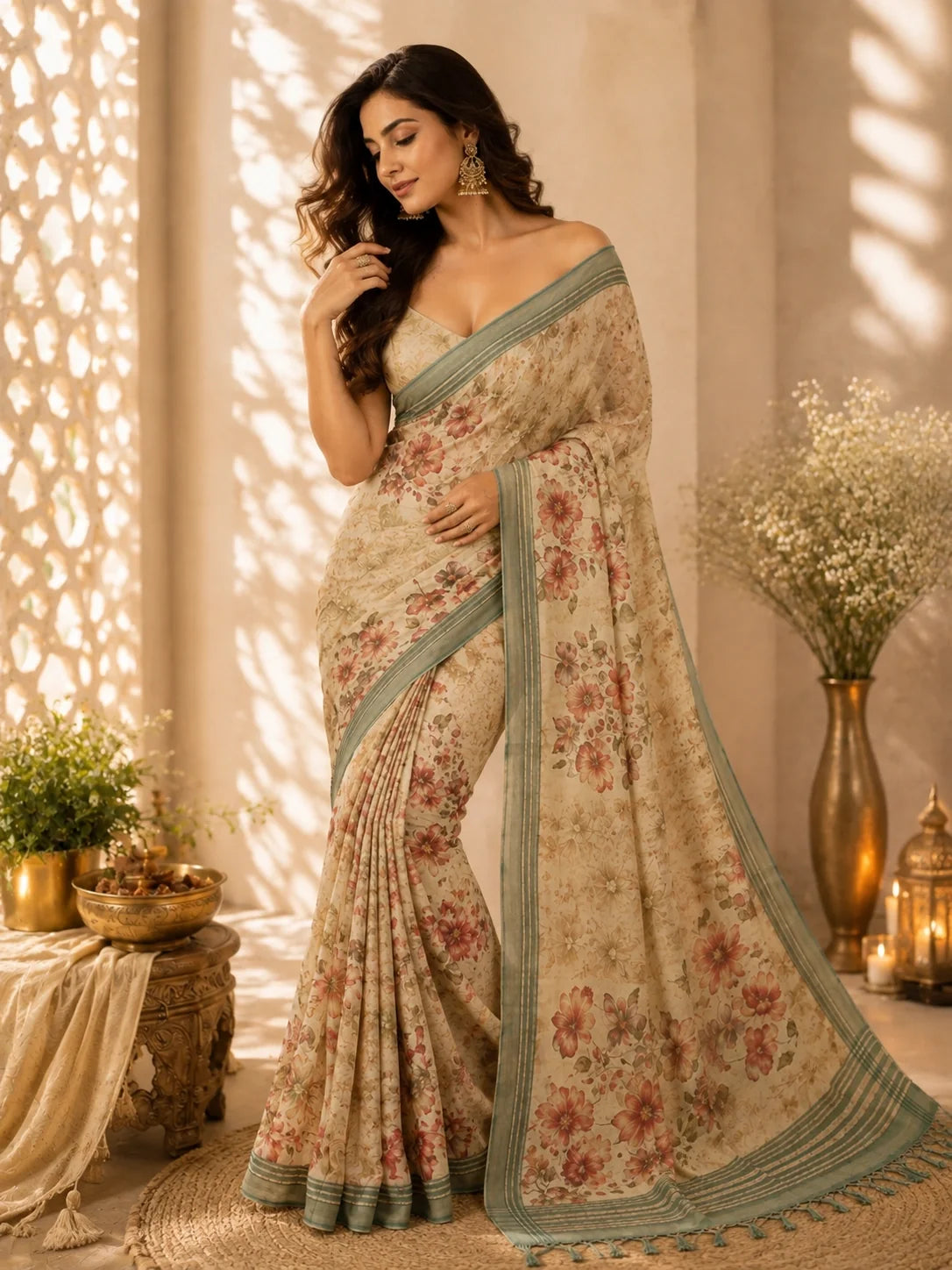 Beige Linen Digital Print Saree model image