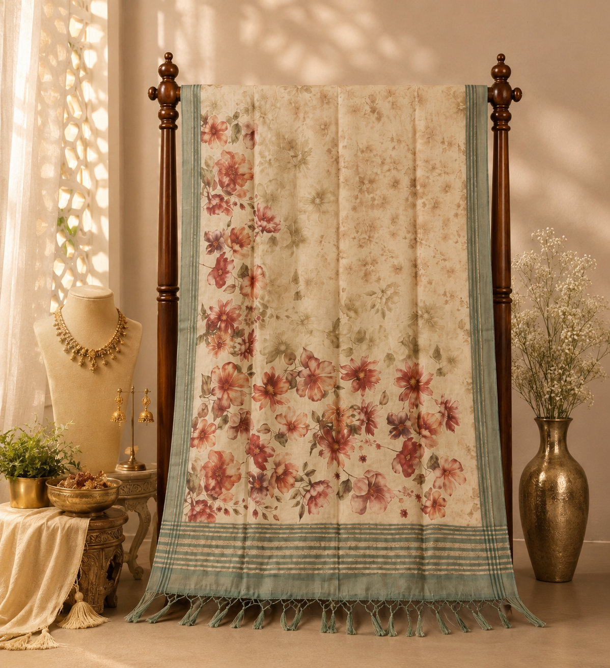 Beige Linen Digital Print Saree image 3