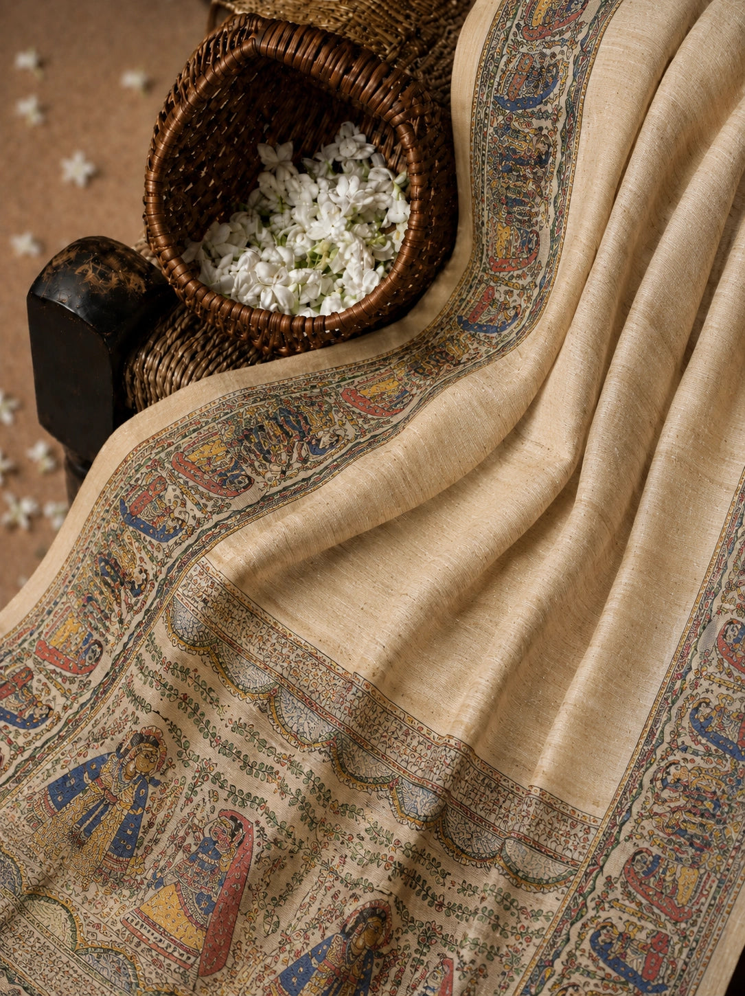 Beige Ghicha Madhubani Art Saree with Traditional Folk Border & Handcrafted Cultural Motifs