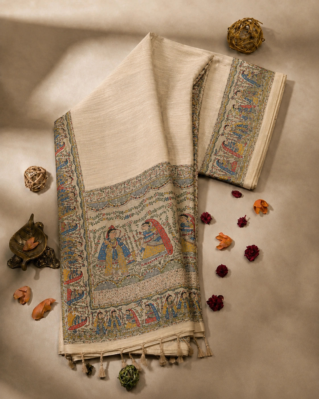 Beige Ghicha Madhubani Art Saree with Traditional Folk Border & Handcrafted Cultural Motifs