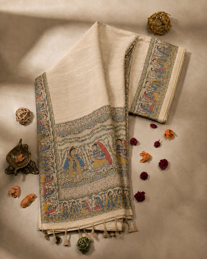 Beige Ghicha Madhubani Art Saree with Traditional Folk Border & Handcrafted Cultural Motifs