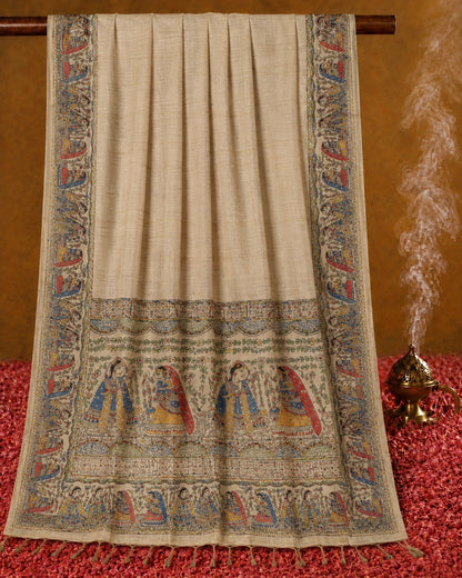 Beige Ghicha Madhubani Art Saree with Traditional Folk Border & Handcrafted Cultural Motifs
