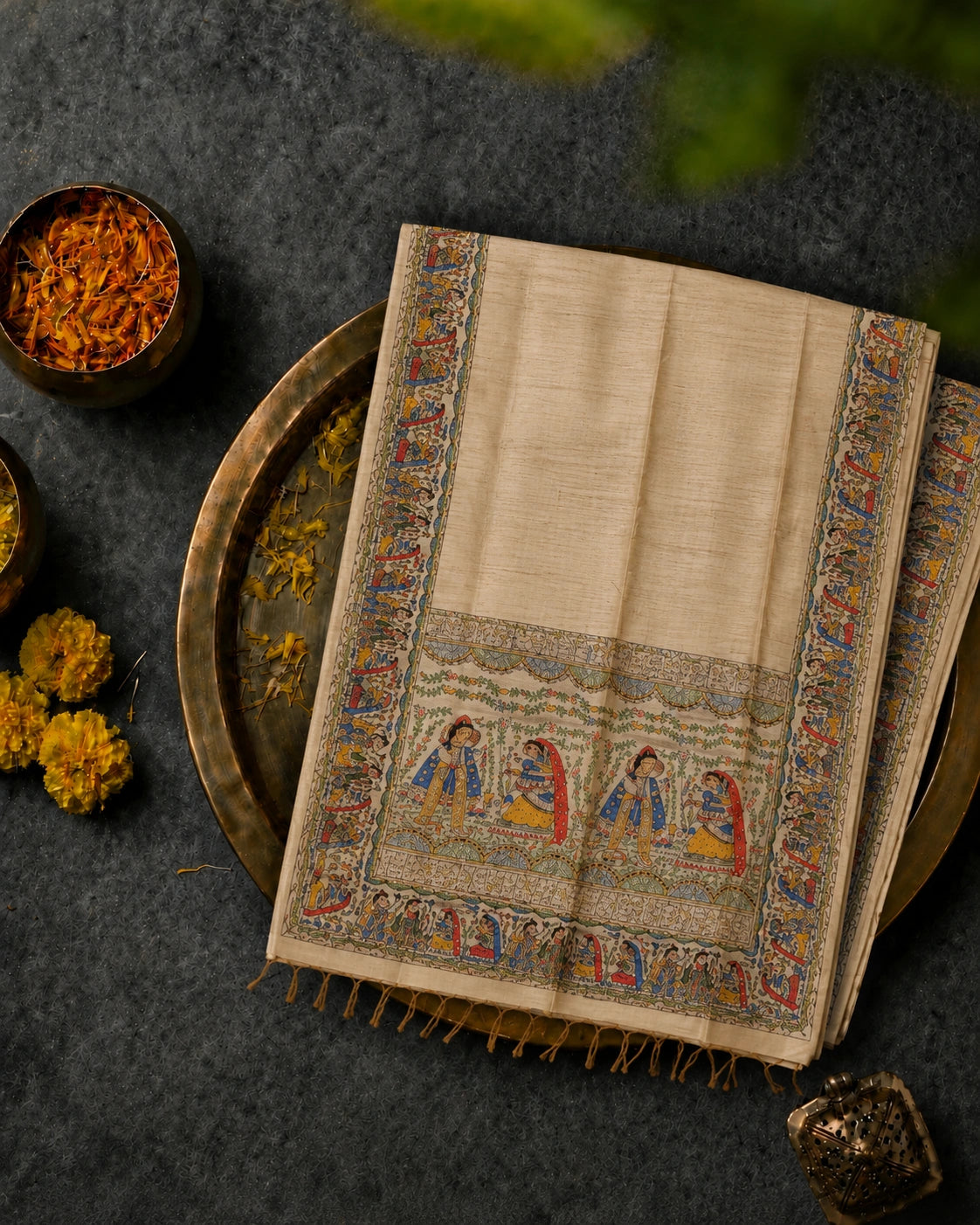 Beige Ghicha Madhubani Art Saree with Traditional Folk Border & Handcrafted Cultural Motifs