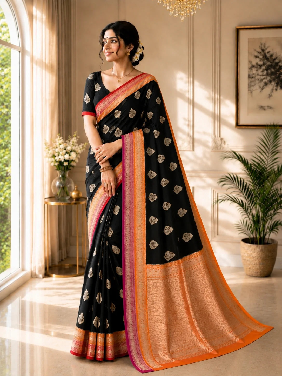 Black Khaddi Banarasi Crepe Silk Saree model image