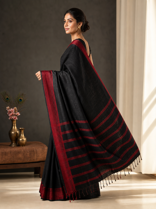 Black Pure Cotton Handloom Saree with Red Woven Border and Striped Pallu on model