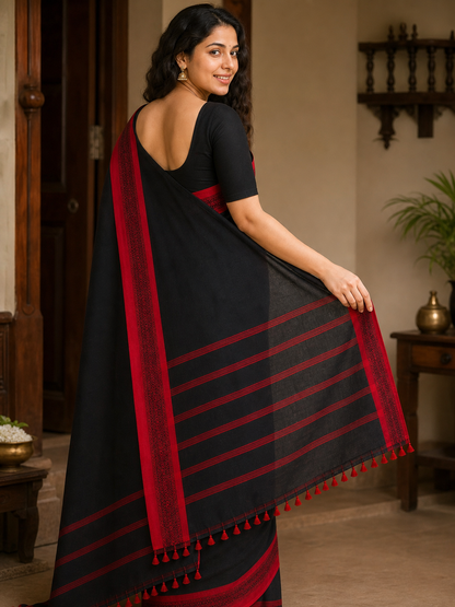 Black Pure Cotton Handloom Saree with Red Woven Border and Tassel Pallu on model