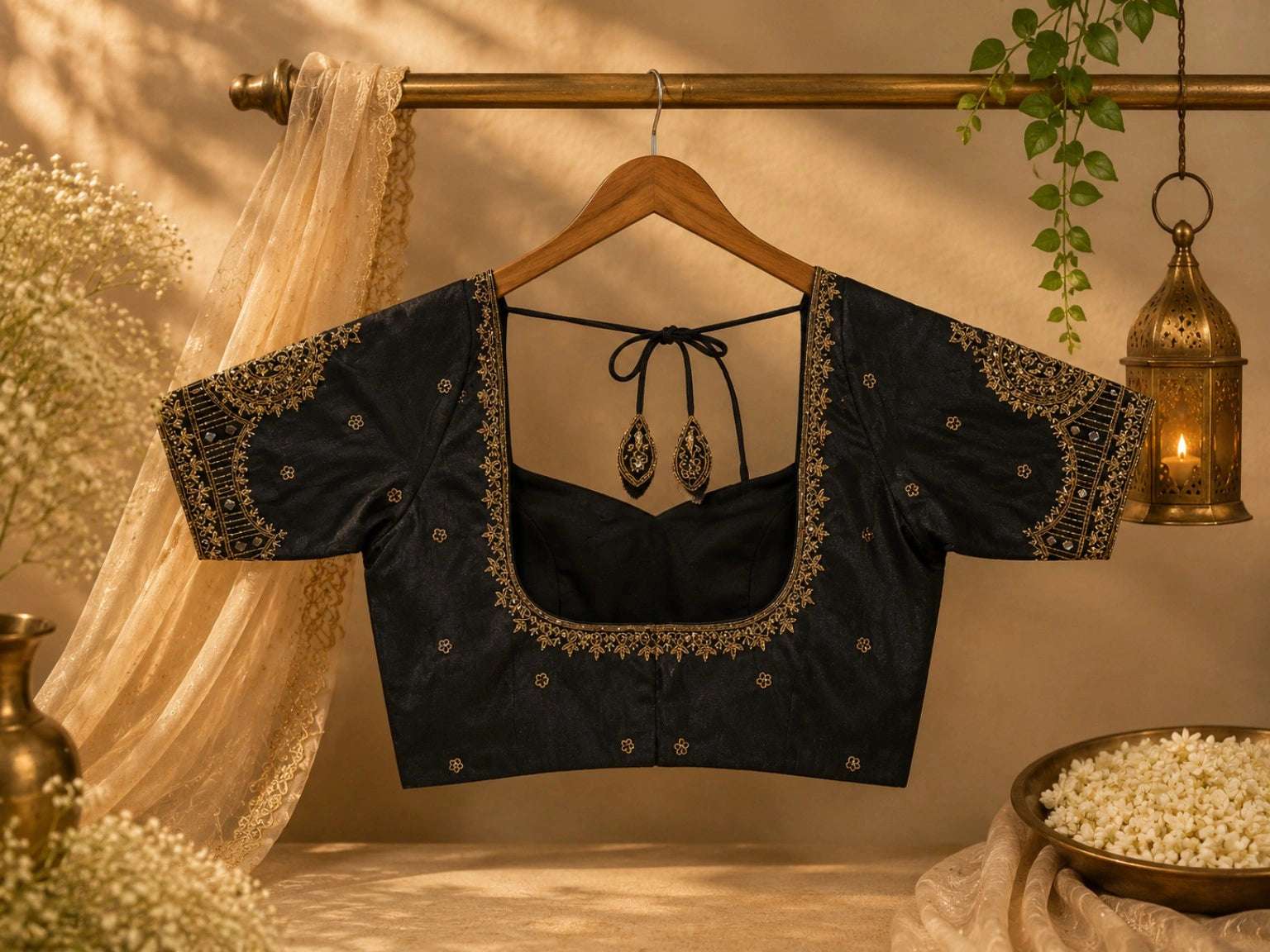 Black Raw Silk Zardozi Butti Work Glass Sleeve Designer Blouse for Wedding & Festive Wear