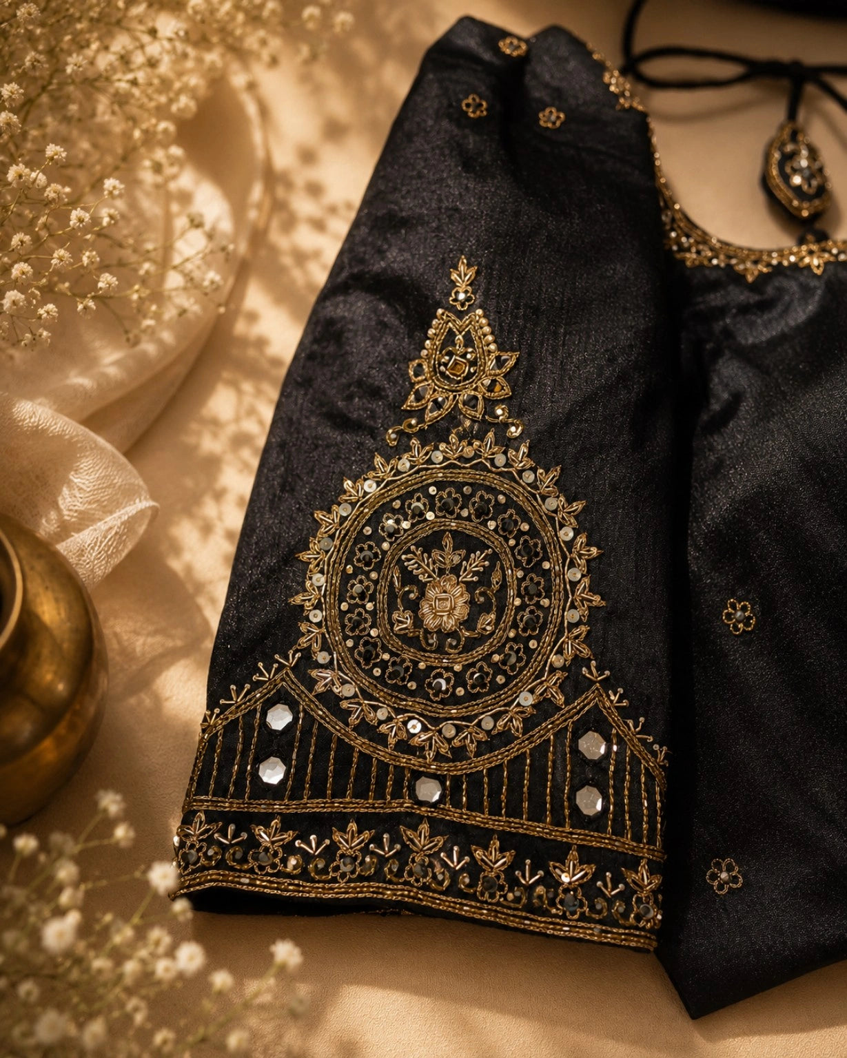 Black Raw Silk Zardozi Butti Work Glass Sleeve Designer Blouse for Wedding & Festive Wear