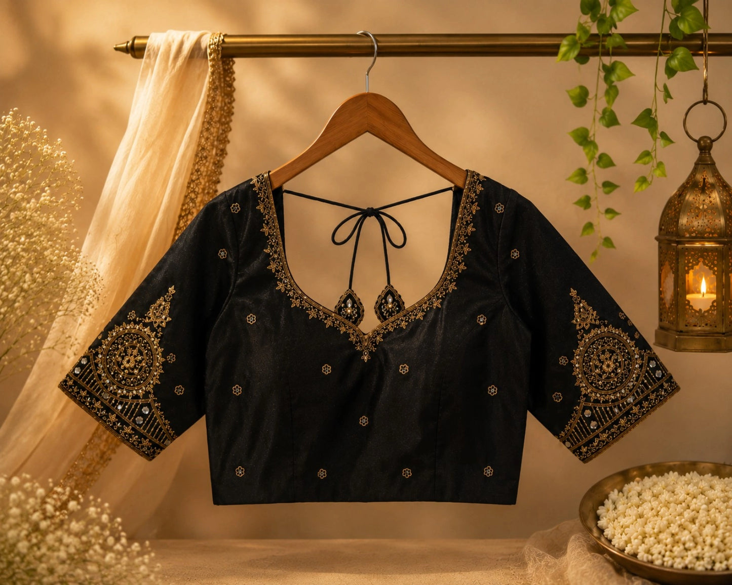 Black Raw Silk Zardozi Butti Work Glass Sleeve Designer Blouse for Wedding & Festive Wear