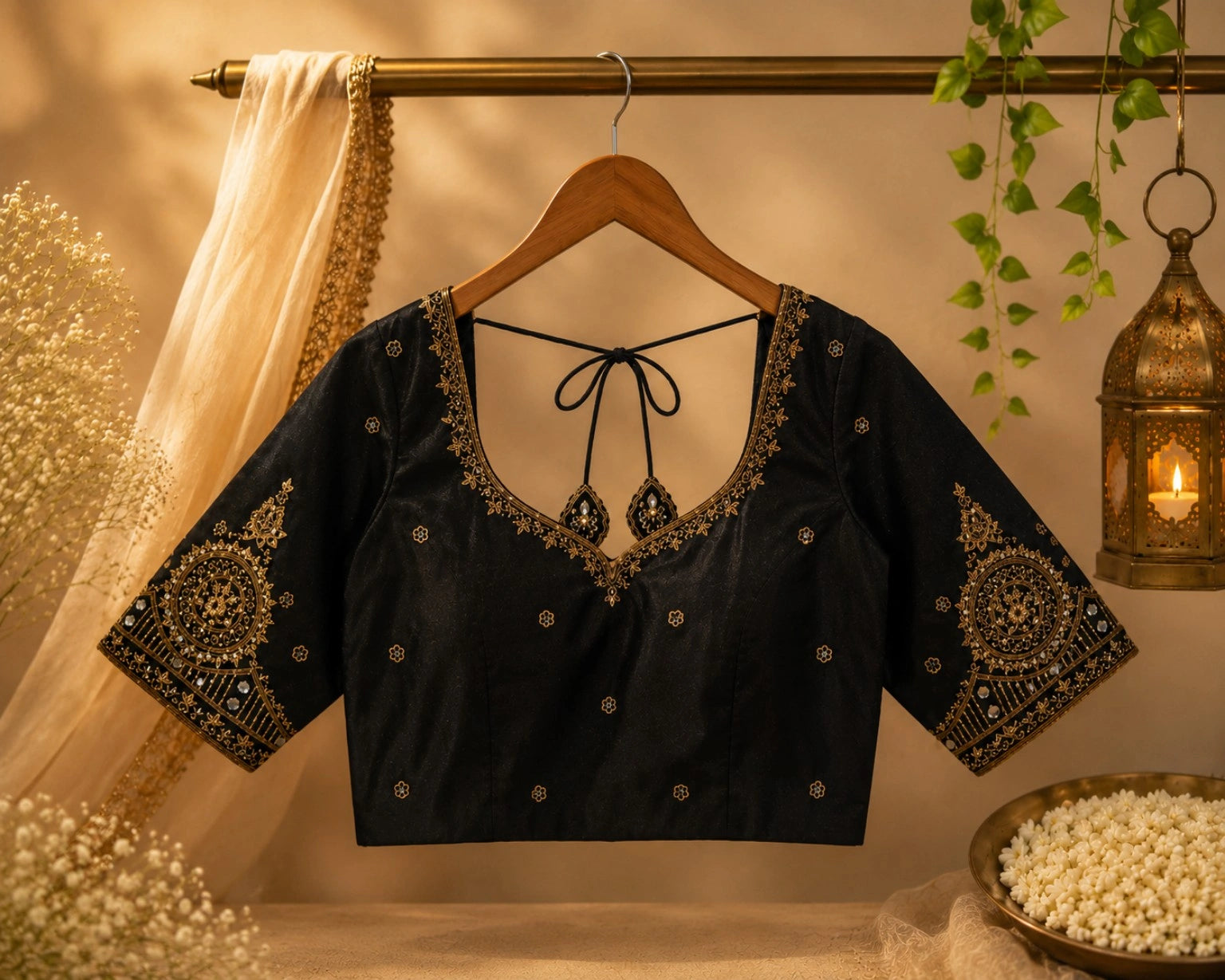 Black Raw Silk Zardozi Butti Work Glass Sleeve Designer Blouse for Wedding & Festive Wear