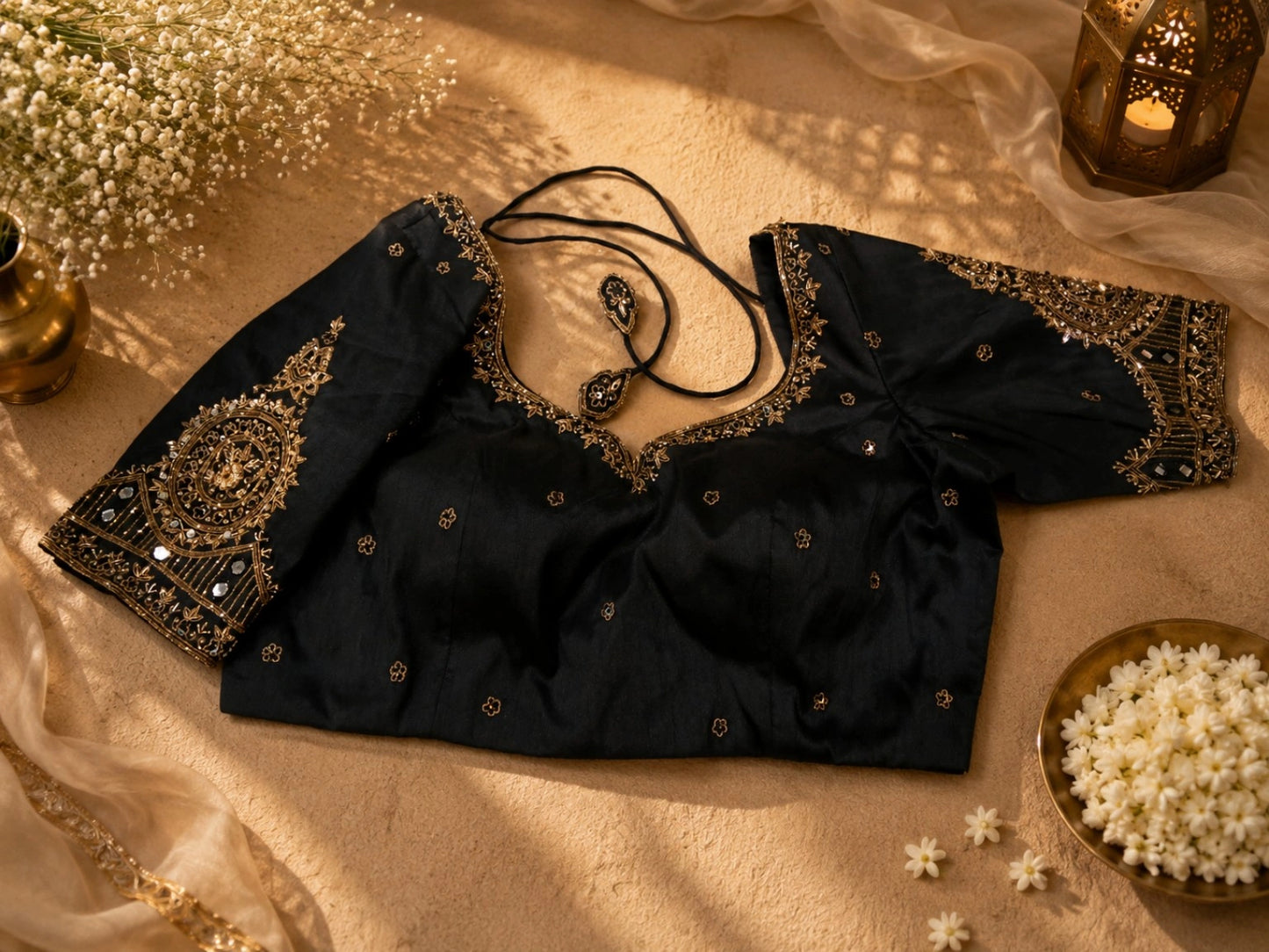 Black Raw Silk Zardozi Butti Work Glass Sleeve Designer Blouse for Wedding & Festive Wear
