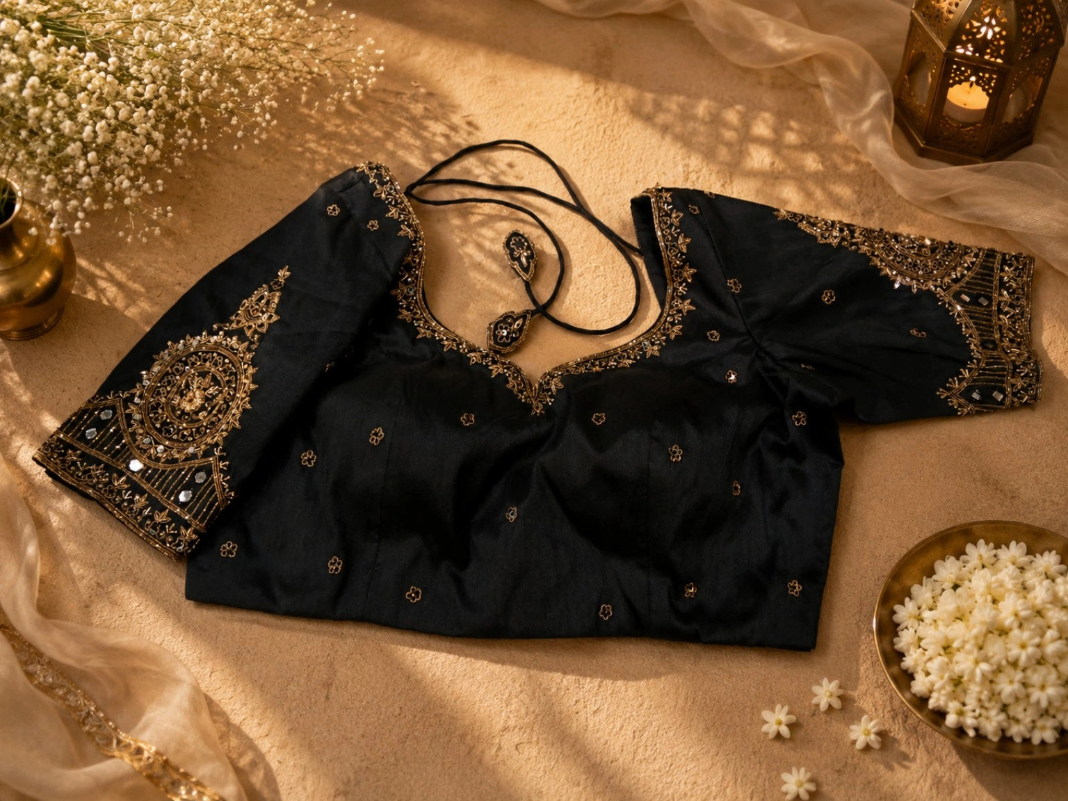 Black Raw Silk Zardozi Butti Work Glass Sleeve Designer Blouse for Wedding & Festive Wear