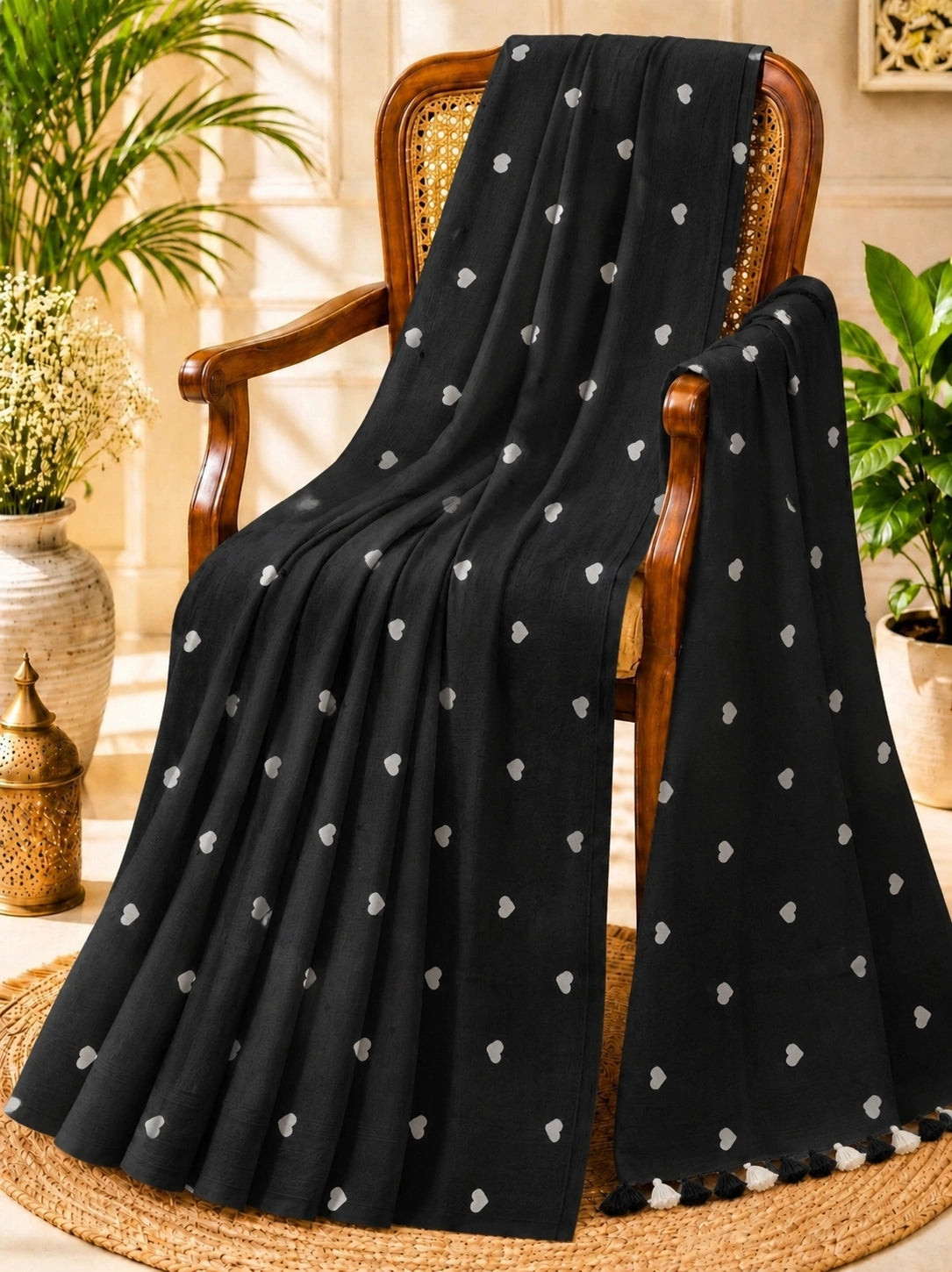 Black Mul Cotton Embroidery Saree with White Buti Motifs & Tassel Pallu