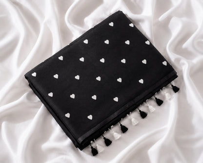 Black Mul Cotton Embroidery Saree with White Buti Motifs & Tassel Pallu