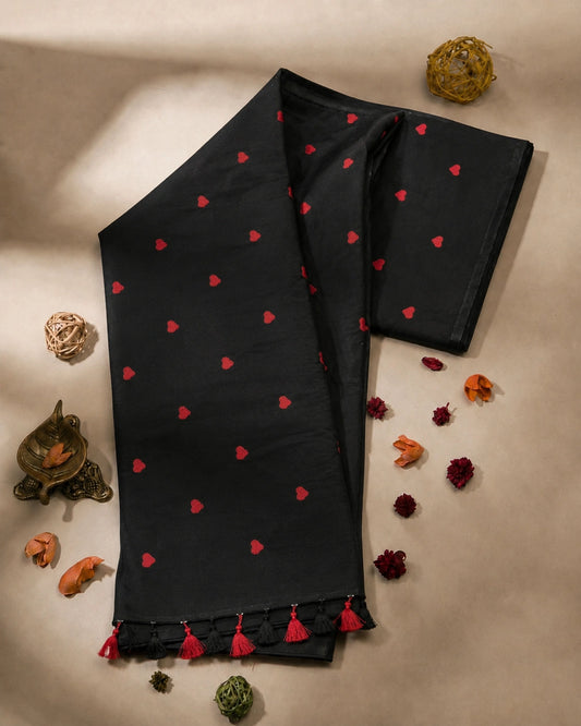 Black Mul Cotton Embroidery Saree with Red Buti Motifs & Tassel Pallu