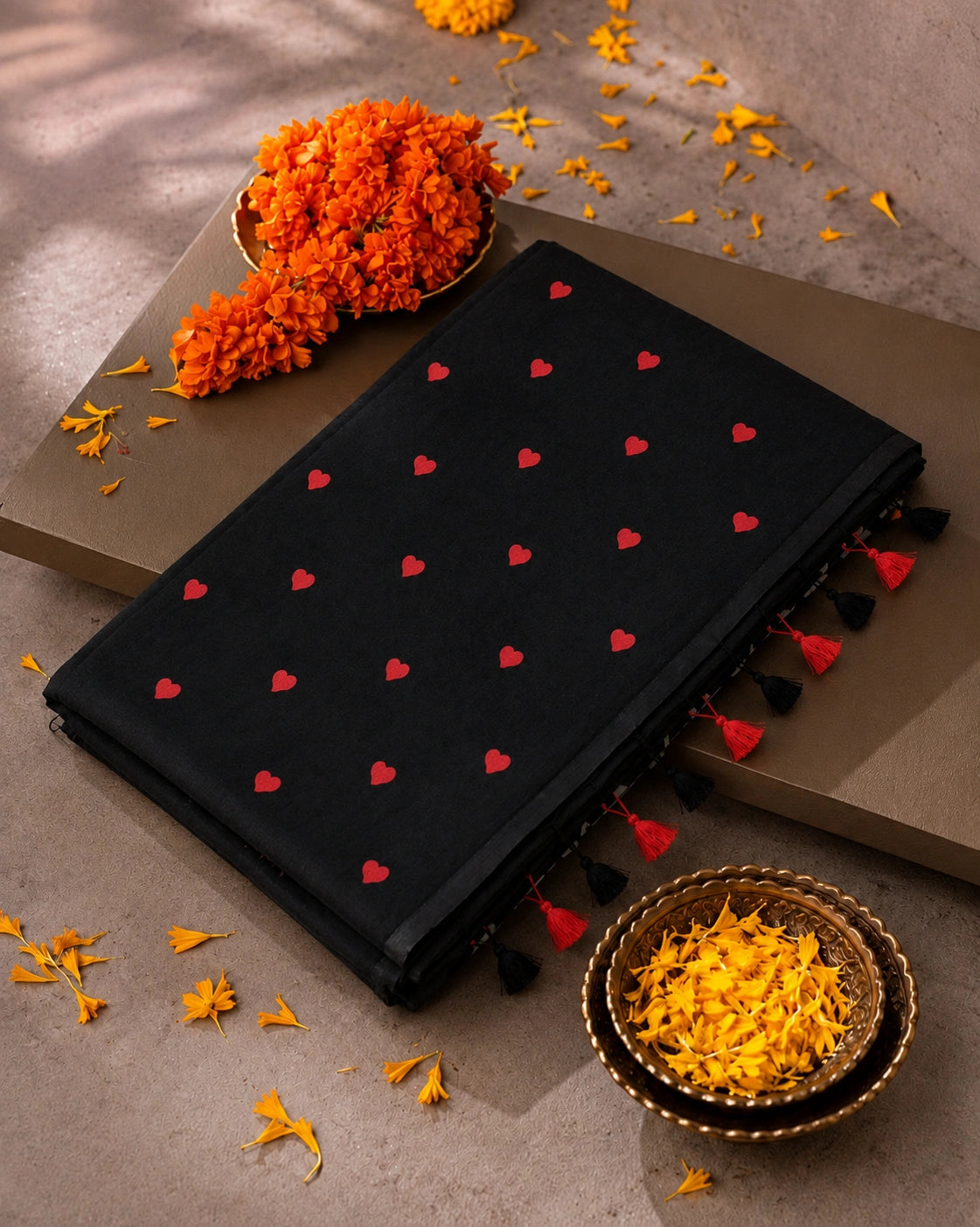 Black Mul Cotton Embroidery Saree with Red Buti Motifs & Tassel Pallu
